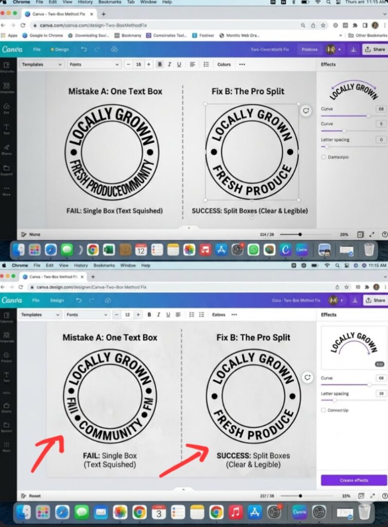 A side-by-side desktop screenshot of the Canva editing interface comparing a squished single-box text circle with a perfectly spaced two-box curved layout