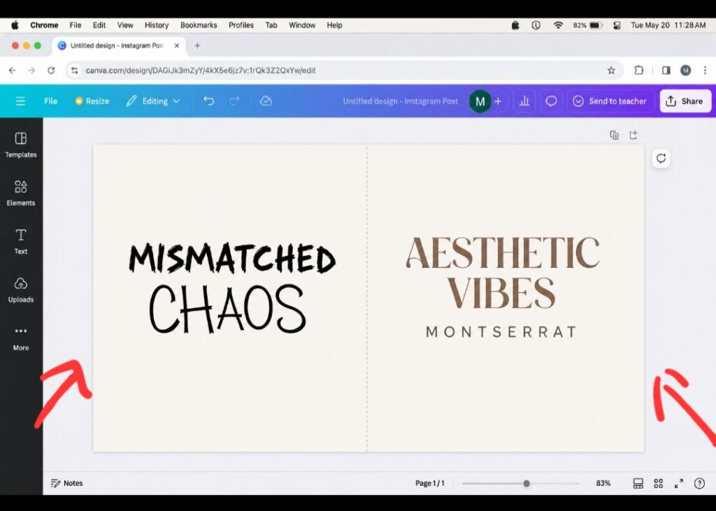 A side-by-side of my computer dashboard layout inside Canva comparing a mismatched chaotic font pairing with a balanced aesthetic combination using Tan Headline and Montserrat