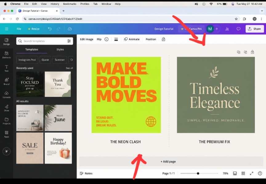 My side-by-side desktop screenshot comparing an eye-straining neon color combination with a modern, muted earthy color palette inside a graphic design layout canvas