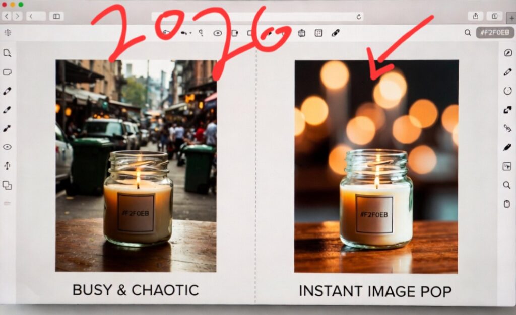 My side-by-side desktop screenshot inside Canva comparing a photo with a distracting, busy outdoor background to a photo with a soft, blurred studio background.
