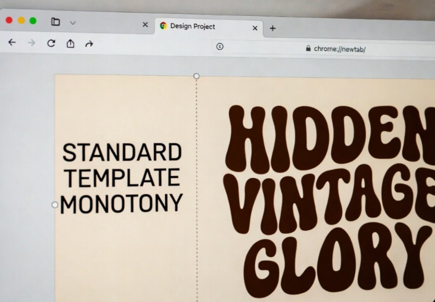 A side-by-side of computer dashboard layout inside Canva comparing a boring standard sans-serif font layout to a premium hidden retro typography display
