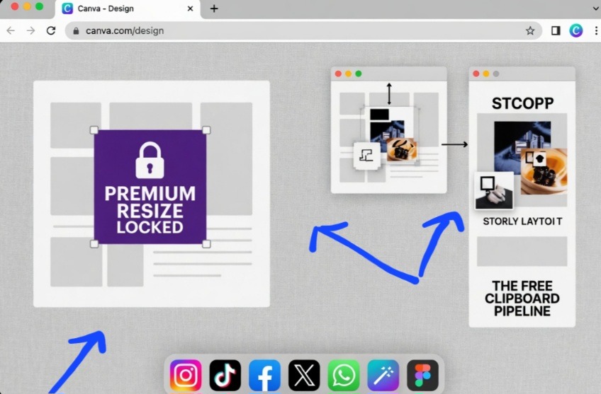 My desktop browser workspace screenshot inside Canva demonstrating how to copy design elements from a square layout over to a vertical canvas for free