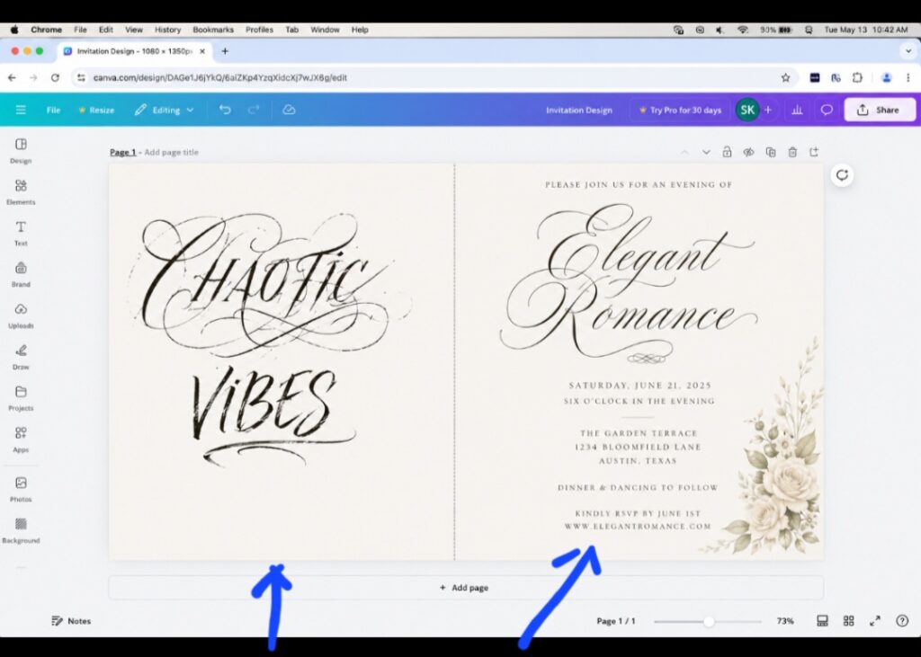 My browser workspace screenshot inside Canva comparing a chaotic double-script layout with a clean, high-end invitation template using a script headline and spaced serif text