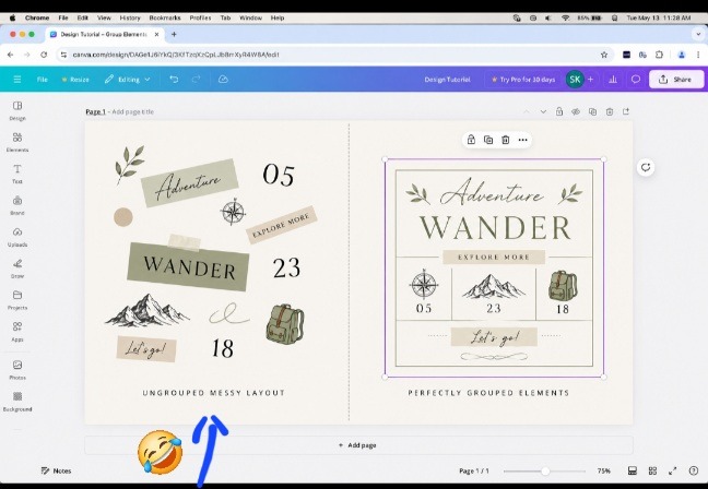 My screenshot inside Canva comparing a messy ungrouped asset configuration with a perfectly organized grouped bounding box layout