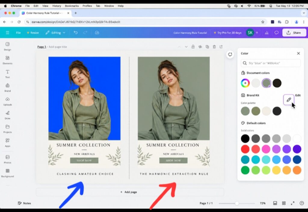 Screenshot of inside my canva comparing a clashing bright background layout to a harmonious extracted background color design template