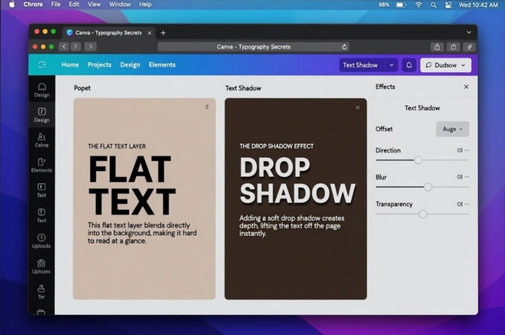 How I Add Drop Shadows to Make Flat Text Stand Out When Using Canva side-by-side design comparison template inside workspace