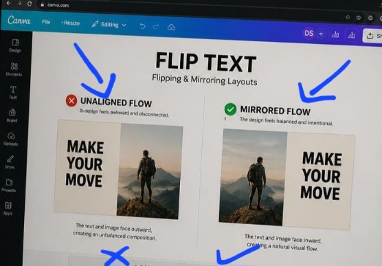 A side-by-side directional flow comparison within the Canva design dashboard showing an unaligned layout on the left versus a mirrored asset adjustment on the right