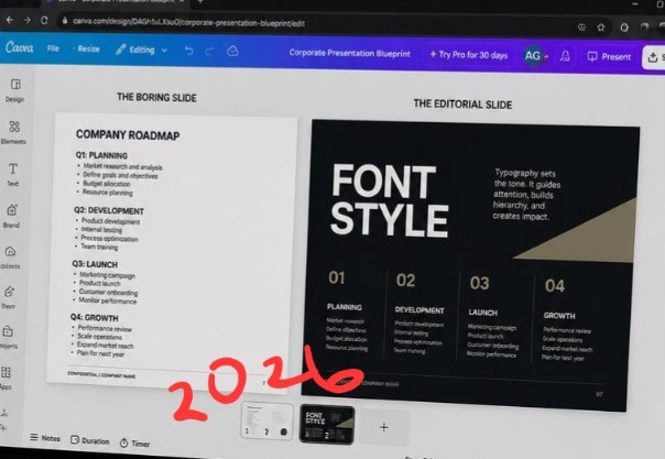 How I Style Professional Fonts so Corporate Slides Aren't Boring In 2026 side-by-side layout text hierarchy panel inside workspace