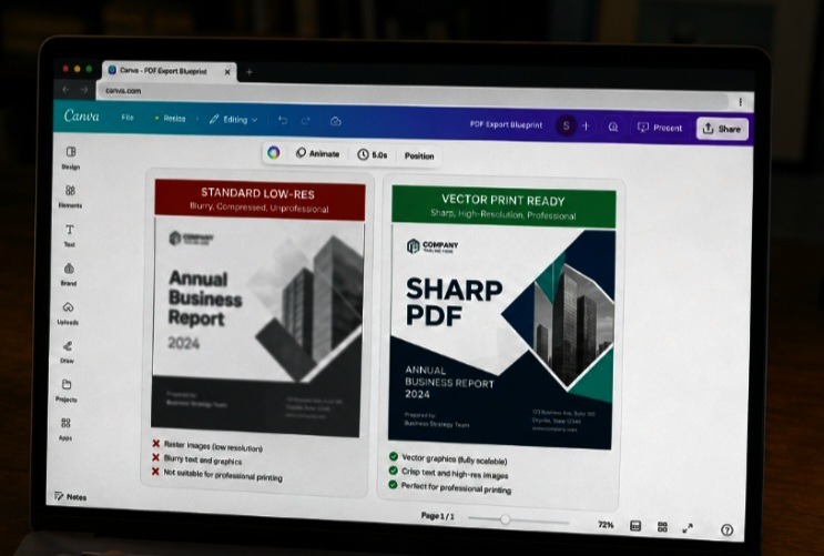 Photo showing How I Export My Canva Designs as Crisp, Sharp PDFs Every Time on a laptop screen from a first-person perspective