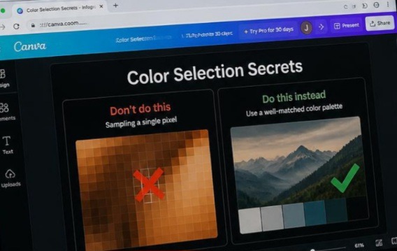 A Google Chrome browser window open to Canva showing a side-by-side comparison of a single pixel color sample versus an averaged color swatch selection