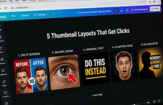 A Google Chrome tab open to the Canva design workspace displaying five high-contrast YouTube thumbnail layout variations on a dark mode canvas grid