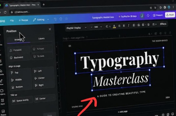 A Google Chrome browser running Canva dark mode with the side Position panel open, demonstrating the text alignment options like Center and Tidy Up