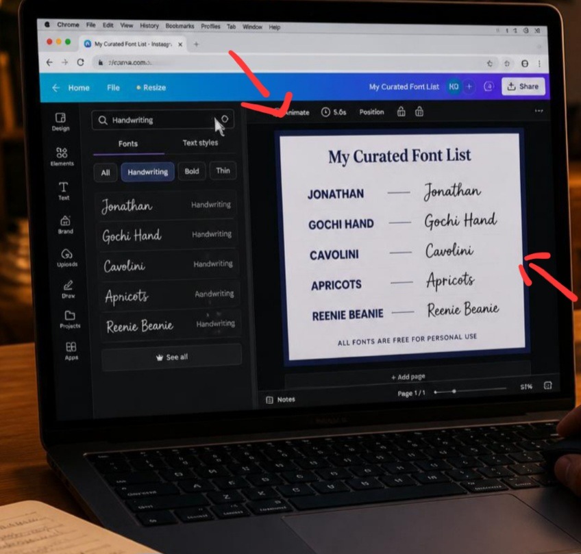 A first-person POV photograph of a designer selecting free script font pairings inside Canva using a Google Chrome window on a laptop at a desk