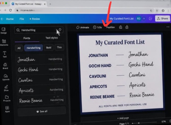 A Google Chrome browser running Canva dark mode with the font side panel open, highlighting free handwriting fonts like Jonathan and Gochi Hand on a template preview
