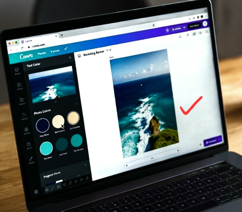 A first-person POV photograph of a content creator utilizing a laptop screen running Chrome to automatically extract text colors from a photo inside Canva