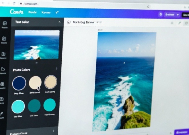 A Google Chrome browser running Canva dark mode with the text color sidebar menu open, showcasing the automated Photo Colors palette extraction row beneath a canvas picture
