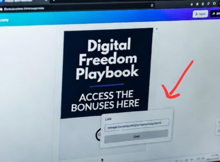 A Google Chrome browser window showing Canva dark mode with the Link input field drop-down menu active over a graphic button layer layout