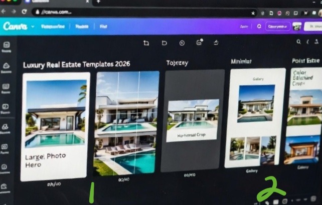 A Google Chrome browser running Canva dark mode, showcasing five clean, luxury real estate layout template designs on the project canvas window