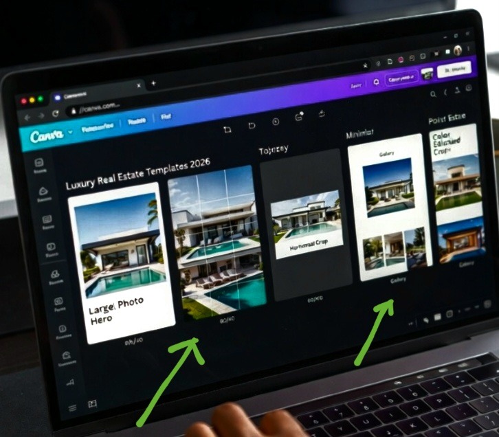 A first-person POV photograph of a content producer using a laptop running Chrome to adjust luxury property marketing layouts inside Canva