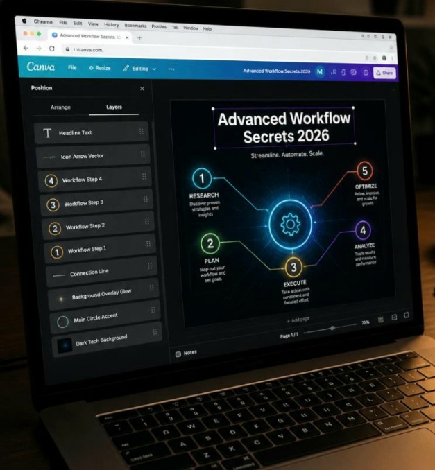 A first-person POV photograph of a web blogger sitting at a modern dark oak desk, using a laptop screen running Chrome to manage overlapping asset stacks inside the Canva layers panel