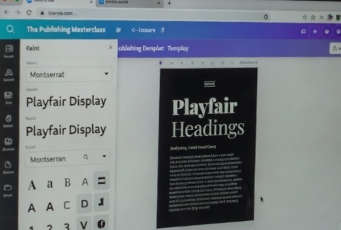 A Google Chrome browser window open to Canva dark mode with the typography pairing sidebar menu active, showing font combinations like Playfair Display and Montserrat on a book project template