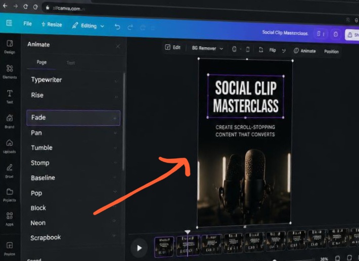 A Google Chrome browser running Canva dark mode with the left Animate side panel open to text motion options, showing speed adjustments next to a social media video project track