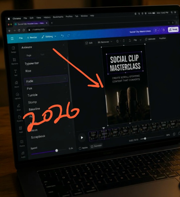 A first-person POV photograph of a content creator sitting at a modern desk, using a laptop screen running Chrome to time smooth text animations inside Canva for a social video clip