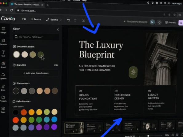 A Google Chrome browser running Canva dark mode with the color picker side panel open, demonstrating custom hex selection values like charcoal and slate gray on a premium template canvas