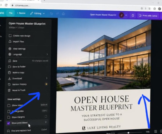 A Google Chrome browser running Canva dark mode with the left File View panel options open, showing print bleed safety margin grid checkmarks next to a luxury real estate open house flyer template