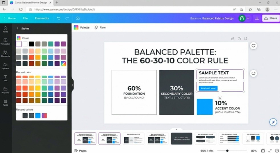 Canva template design showing 60 percent dominant white background and 10 percent blue accent button