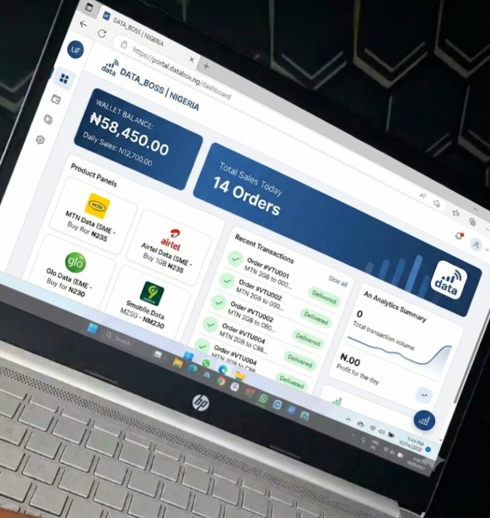 Nigerian entrepreneur managing data reselling business on a laptop. Data reselling business in Nigeria