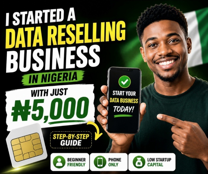 Nigerian entrepreneur managing data reselling business on a smartphone