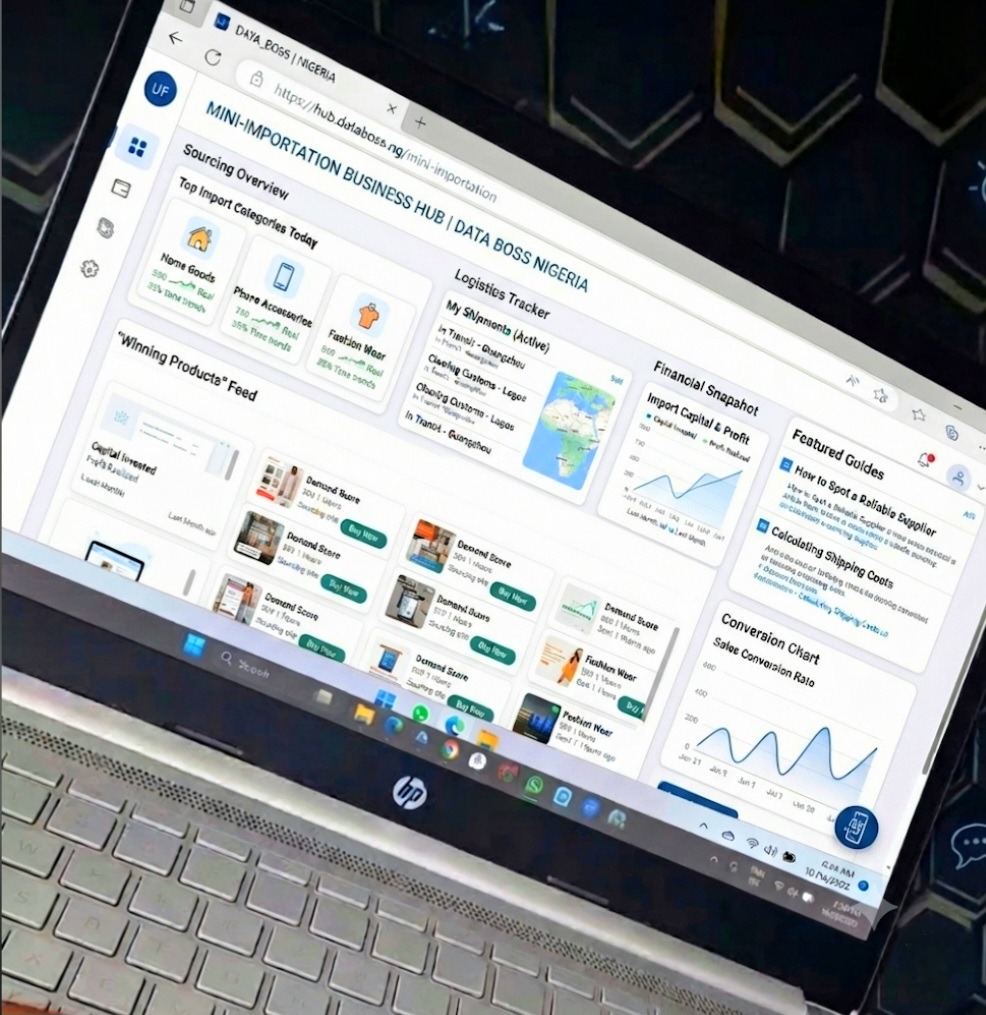 Entrepreneur analyzing mini-importation business data and logistics on a laptop screen. mini-importation business in Nigeria.