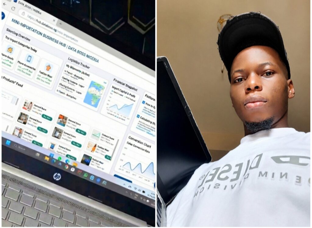 Entrepreneur analyzing mini-importation business data and logistics on a laptop screen. mini-importation business in Nigeria.